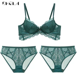 Thick Cotton Cup Lace Underwear Women Embroidery Green 1 Bra+2 Panties Sexy Bra Set Push Up Lingerie For Ladies Brassiere Brand