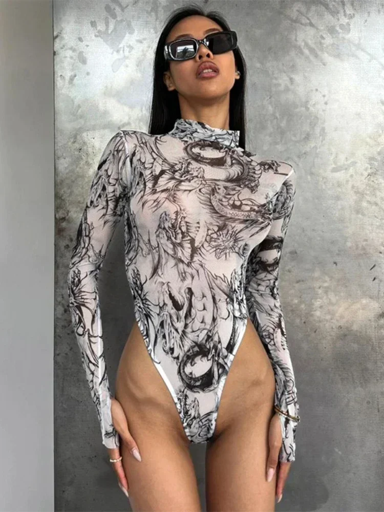 

Sexy Bodysuit Lingerie Tie Dye Bodycon Lenceria Femenina One-Pieces Rave Outfit See Through Bustier Long Sleeve Corset Top Women