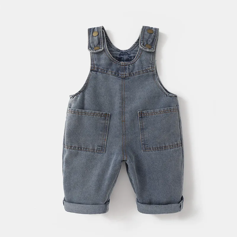 2026 Neue Koreanische Version Weicher Gewaschener Denim Kinder-Overall Jungen und Mädchen Vordertasche Einfarbig Integrierte Hose 0-5 Jahre – Detail 4