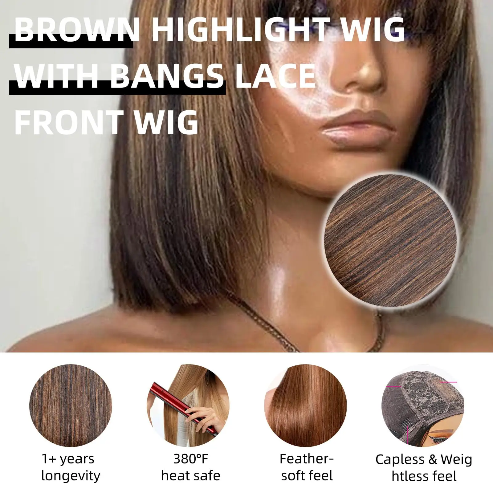 Leimlose Highlight braune gerade kurze Bob Perücke mit Pony 2x1 Spitze Front Perücken Ombre kurze gerade Knall Bob Perücke menschliches Haar