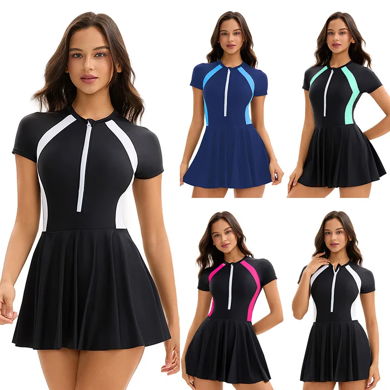 New Skirted Triangle Swimwear For Women, Short Sleeve Modest Sun Protection Bathing Suit