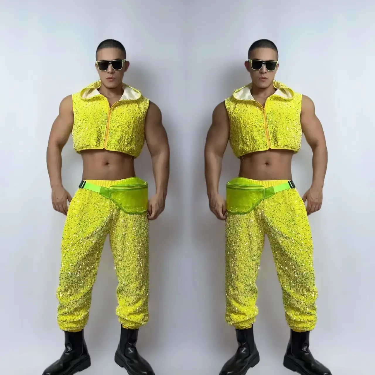 

Флуоресцентный желтый жилет с капюшоном, брюки, костюм для ночного клуба, костюм для мужчин, джазовая танцевальная команда, хип-хоп, комплект из 2 предметов, одежда для выступлений