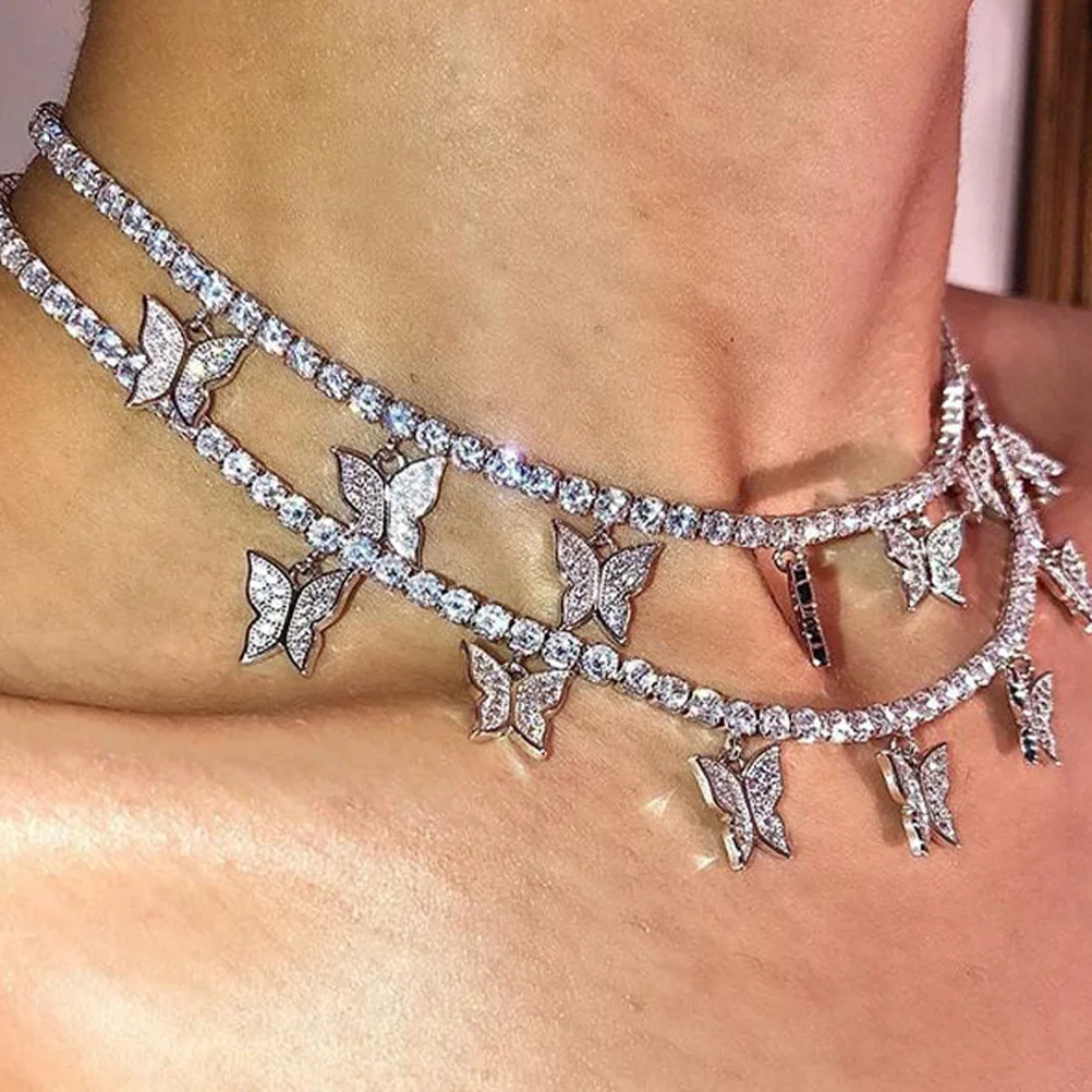 الماس فراشة قلادة الفتيات حجر الراين سلسلة ديكور بسيط طبقة واحدة سيدة المختنق الرقبة مجوهرات سبيكة المتانة أنيق