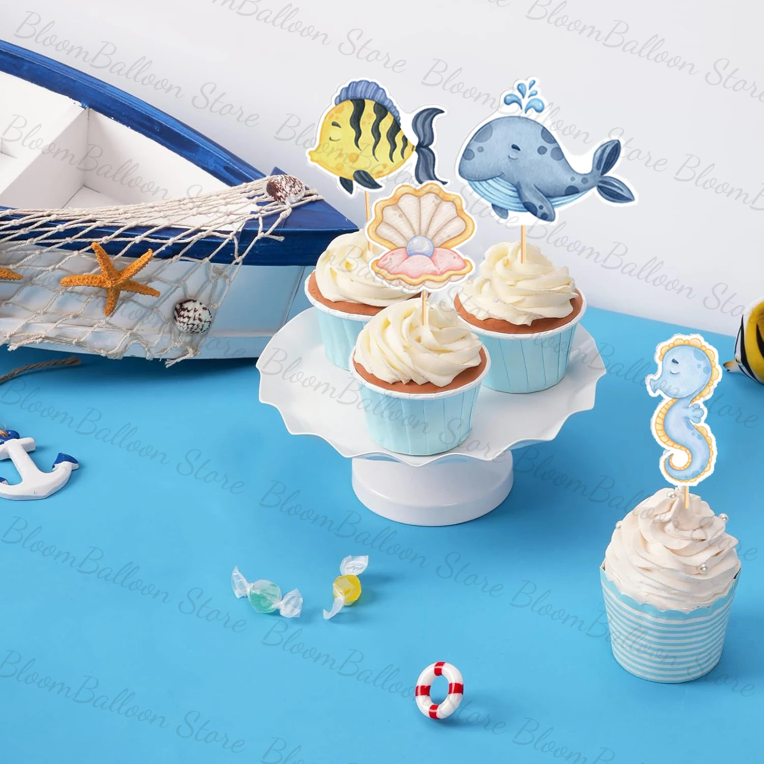 17pcs Ocean Animals Cupcake Toppers Whale Octopus Cake Topper for Birthday Baby Shower Under the Sea Theme Party Decoration