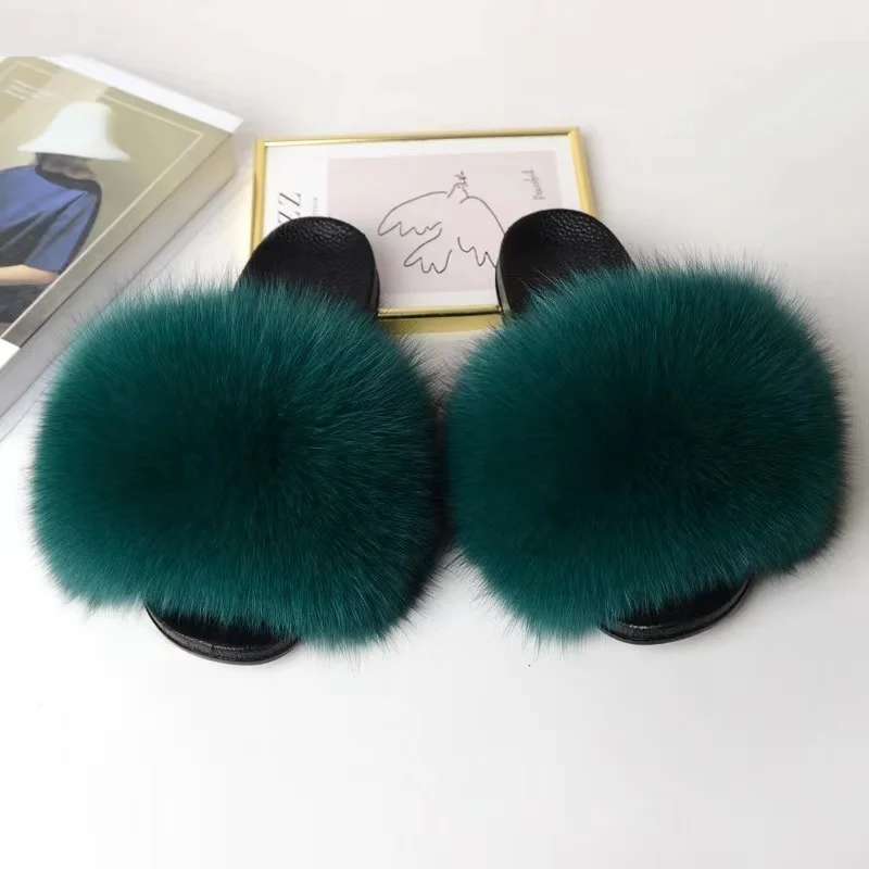 Full Fox Fur Slippers Women  Fluffy Furry Flip  Beach Sandals Non-Slip Wear-Resistant Flat Sandals Casual Outdoor Ladies Slides