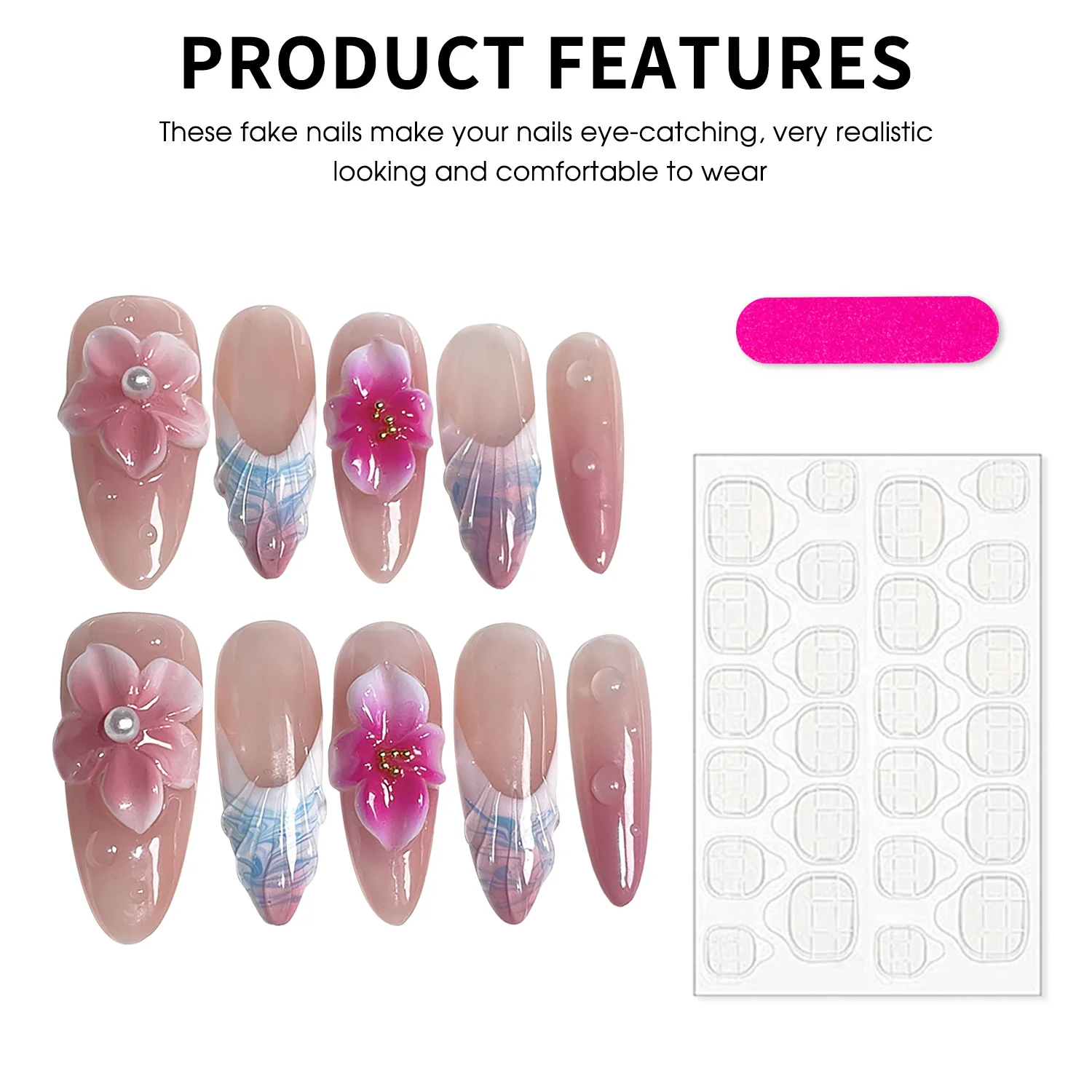 10 قطعة الأظافر وهمية لامعة عارية مع زهرة ثلاثية الأبعاد اليدوية أحمر الخدود طويل اللوز اضغط على مسمار اللؤلؤ تصميم أظافر صناعية للتقليم