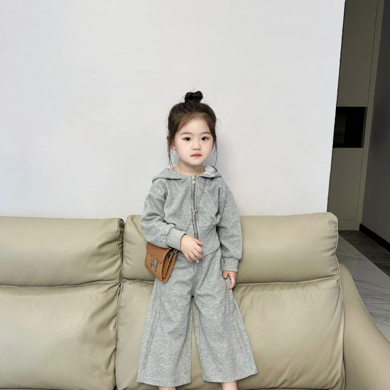 Girl Two Piece Set New Comfortable Concise Western Style Hooded Cardigan Coat Straight-Leg Pants Cute