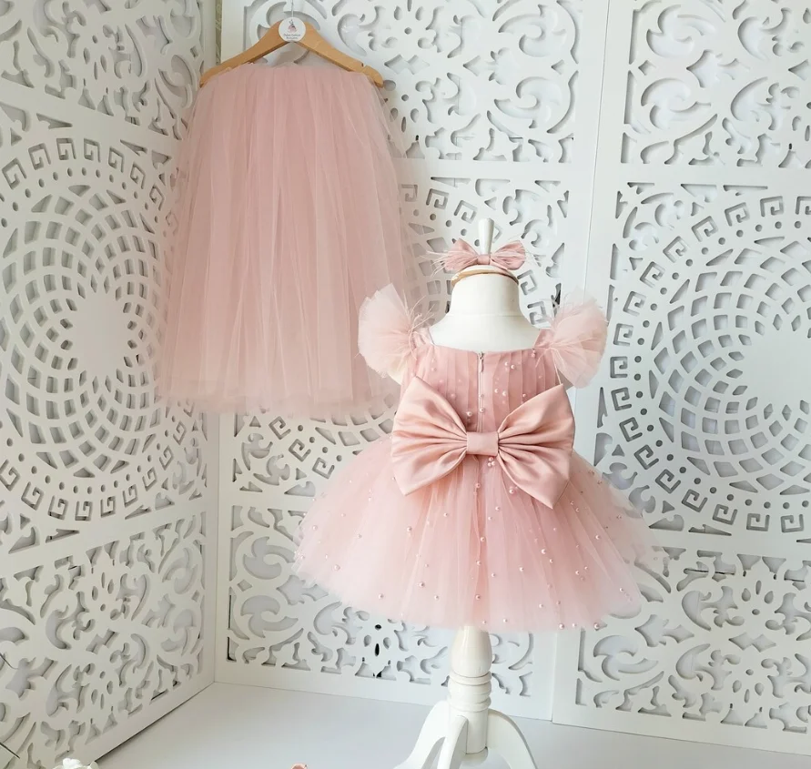 Customizable High-Low Puffy Baby Girls Dress for Birthday Party Wedding Big Bow Infant Girl 1st Birthday Baby Set Princess Dress