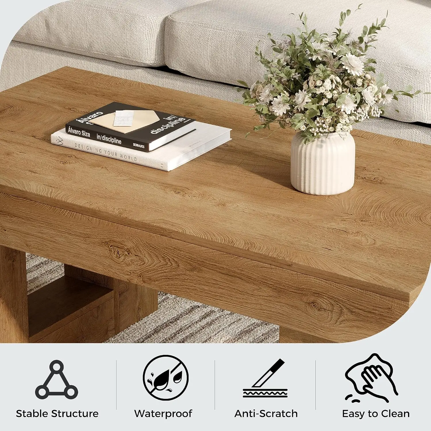 Rectangular Wooden Coffee Table Heavy Duty U-Shaped Base 42 Inch Farmhouse Living Room Side Table Honey Brown, Customized