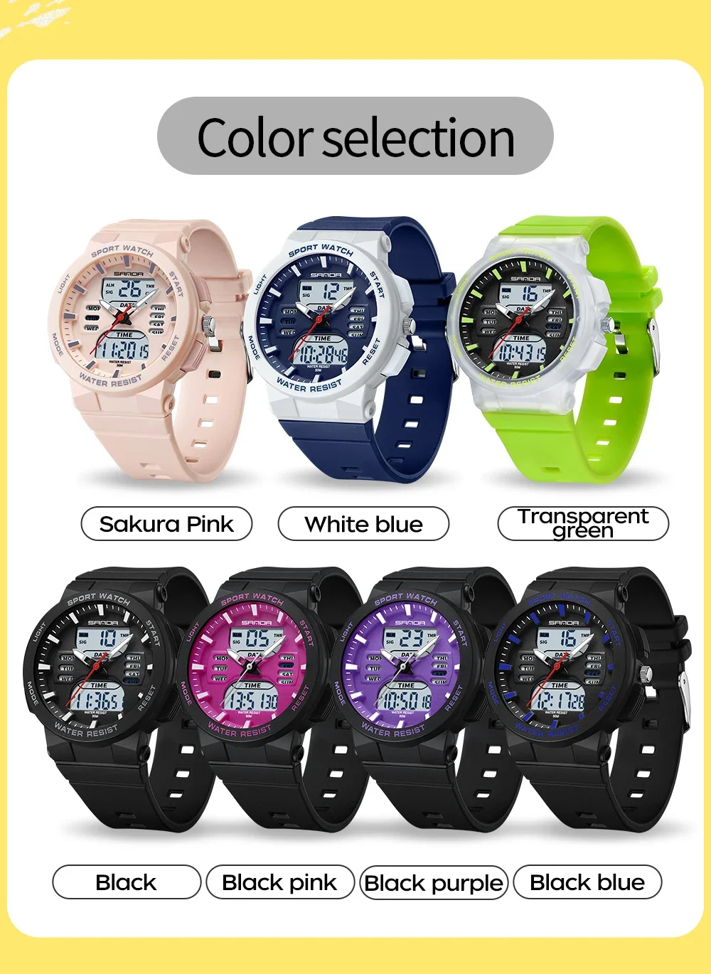 Sanda-Montre de sport étanche pour femme, écran LED pour touristes, veilleuse électronique multifonctionnelle, marque supérieure, mode