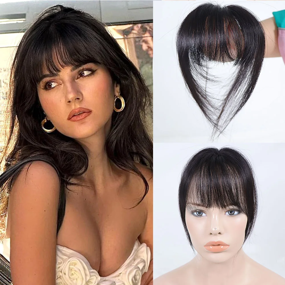 Human Hair Wispy Bangs Natural Black Clip In Air Bangs Fringe with Temples Remy Hairpiece for Women Brown French Bangs