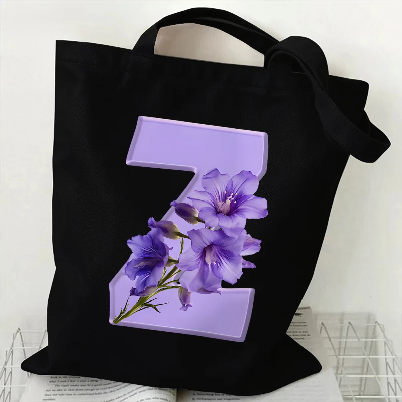 موضة الأرجواني الزهور قماش حمل حقيبة للنساء A-Z 26 الأبجدية حقيبة يد Harajuku المتسوق حقائب الجمالية حقيبة كتف الإناث #2