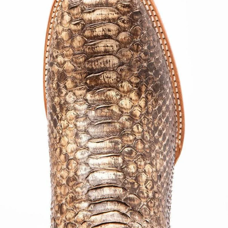 Men Vintage Brown Distressed Leather Western Cowboy Boots Snake Print Square Toe Mid-Calf Booties Wood Block Heel Retro Footwear