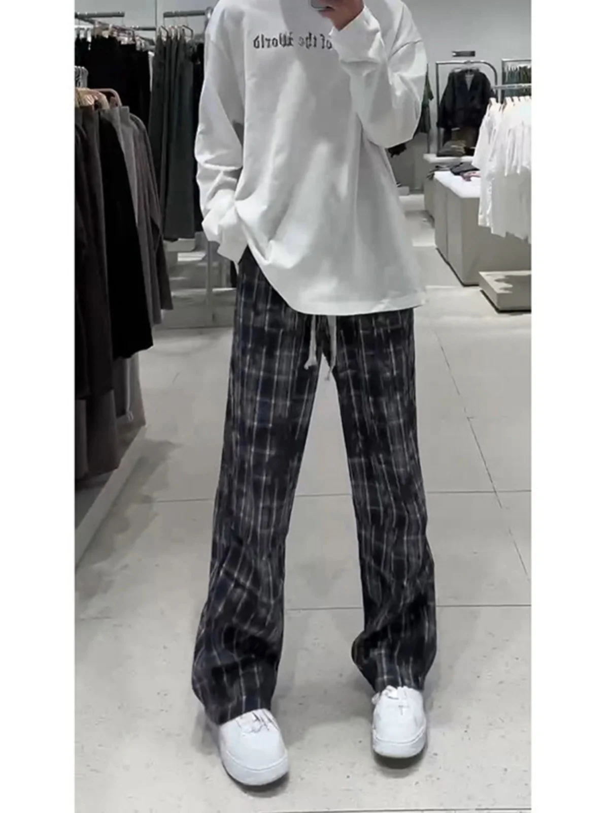 

Trendy Plaid Men's Casual Pants High Waist Loose Straight Leg Anti-Wrinkle Polyester Autumn Spring Faion Street Sle