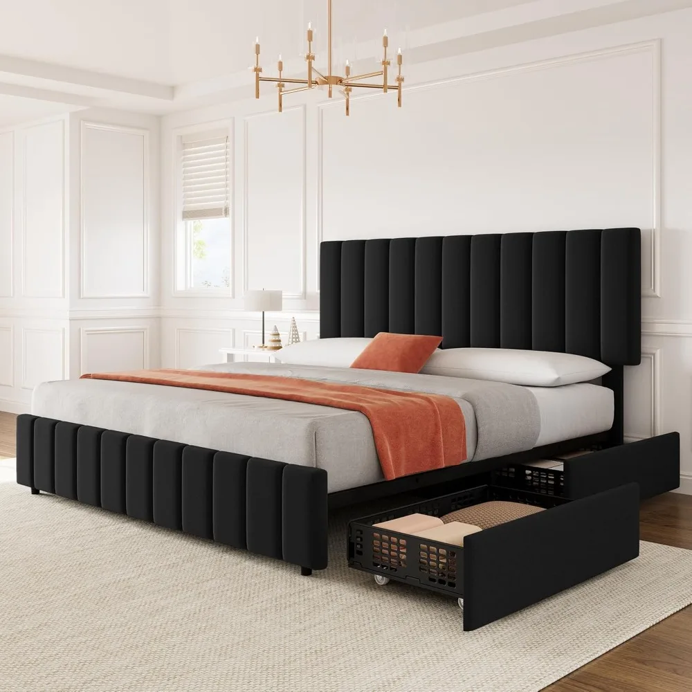 Queen Size Bed Frame with 4 Storage Drawers,Linen Upholstered Platform Bed Frame,Adjustable Height Headboard,No Box Spring