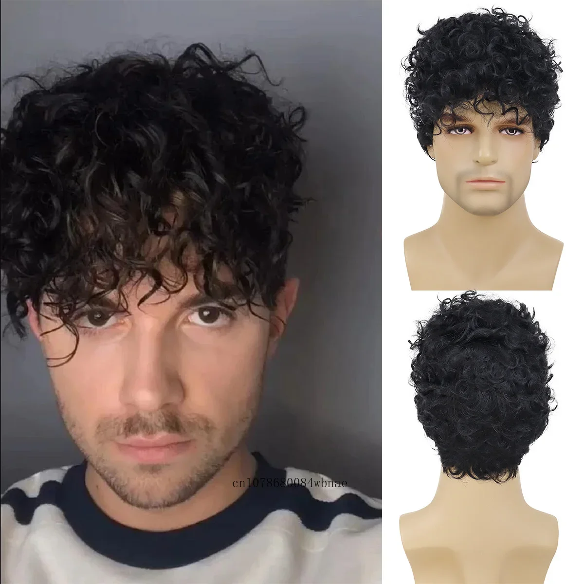 Peruca afro encaracolada preta, fibra sintética, curta, encaracolada, com franja, para homens, peruca masculina, fantasia diária, festa, substituição de cabelo