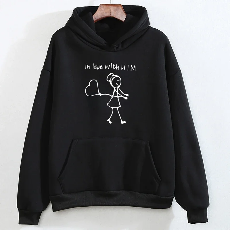 Couple Hoodie in Love with Him or Her Line Love Heart Human Hoodie for Men Women Autumn Winter Casual Oversize Couple Love Hoody