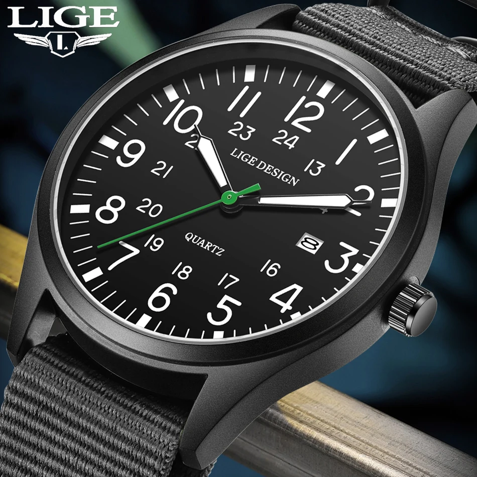 

LIGE новые мужские часы со светящимися стрелками, роскошные военные спортивные часы с календарем, кварцевые наручные часы, мужские повседневные нейлоновые часы Reloj Hombre