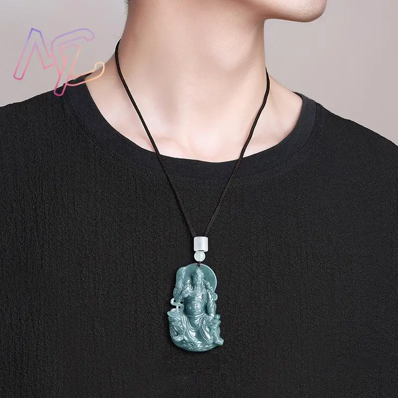 Myanmar Jadeite Guan Gong Pendant Necklace Real Jewelry Designer Charm Gifts for Women Burmese Jade Stone Vintage Talismans view 3