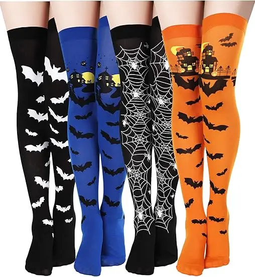 

10 Pairs Halloween Thigh High Long Stockings Over Knee Stockings Cosplay Festival Socks Halloween Bat Style