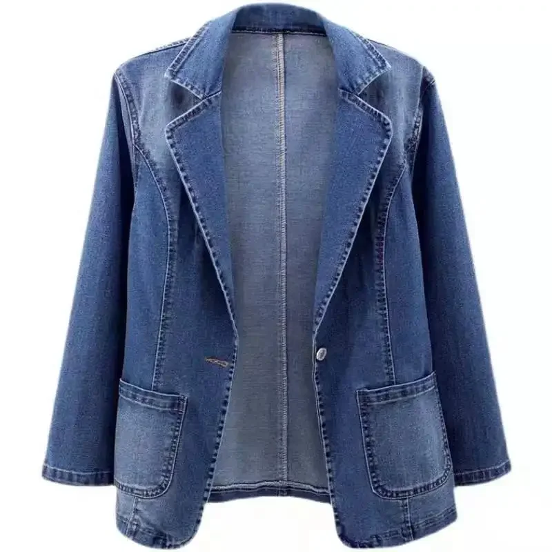 

Spring Denim Suit Jacket Femme Long-Sleeve One Button Vintage Autumn Jeans Blazer Women Outerwear Cardigan Clothing 2023-ERFR