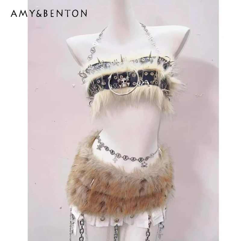 

Original Design Punk Rock Furry Splicing Women's Vest Gothic Autumn New Hot Girl Rivet PU Leather Belt Retro Skirt Set Ladies