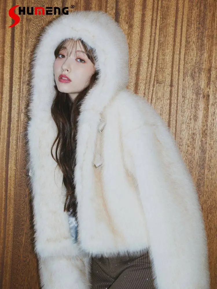 Manteau en fausse fourrure épais à manches longues à capuche avec boucle en PU, style japonais élégant, mode mondaine, chaud, pour femmes, hiver