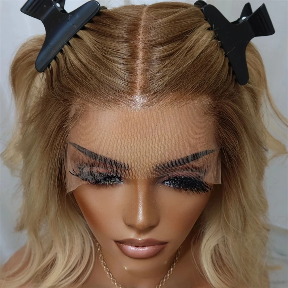 Preplucked Hairline High Quality Synthetic Wig 13x4 Ombre Blonde Lace Front Wigs with Medium Brown Roots Soft  Short Wave Bob