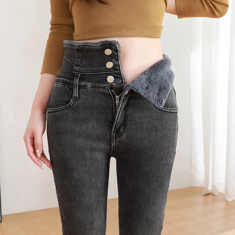 Alobee Thermal Winter Thick Fleece High-waist Warm Skinny Jeans Thick Women Stretch Button Pencil Pants Velvet Casual Jeans