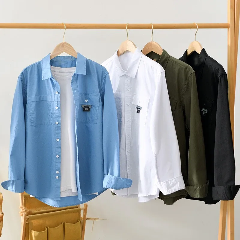 

Men Pure Cotton Turn-down Collar Shirts Long Sleeve Business Dress Shirts with Chest Pocket Button Up Blouses Streetwear