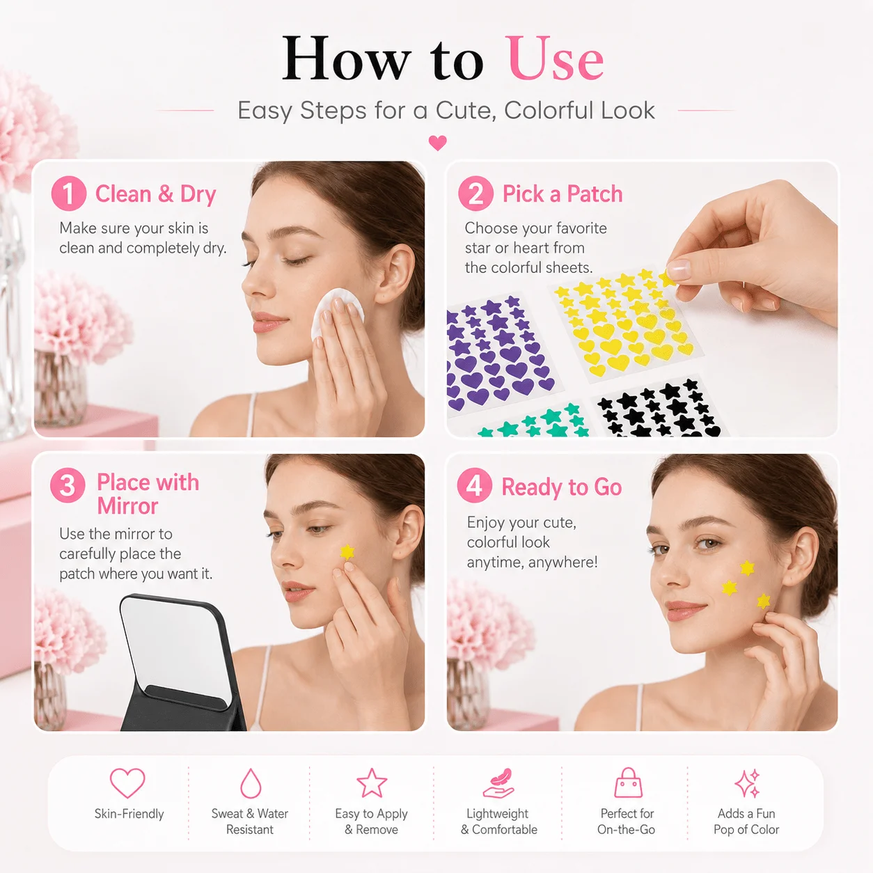 Foldable Tabletop Mirror with 6-Color Star & Heart Pimple Patch Sheets, Portable Beauty Set for Travel & Daily Use. view 4