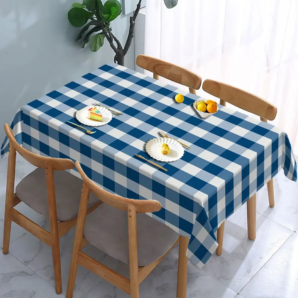 Solid Art Tablecloth, Classic Blue White Gingham Pattern, Waterproof Table Cover, Simple Rustic Interior Decoration