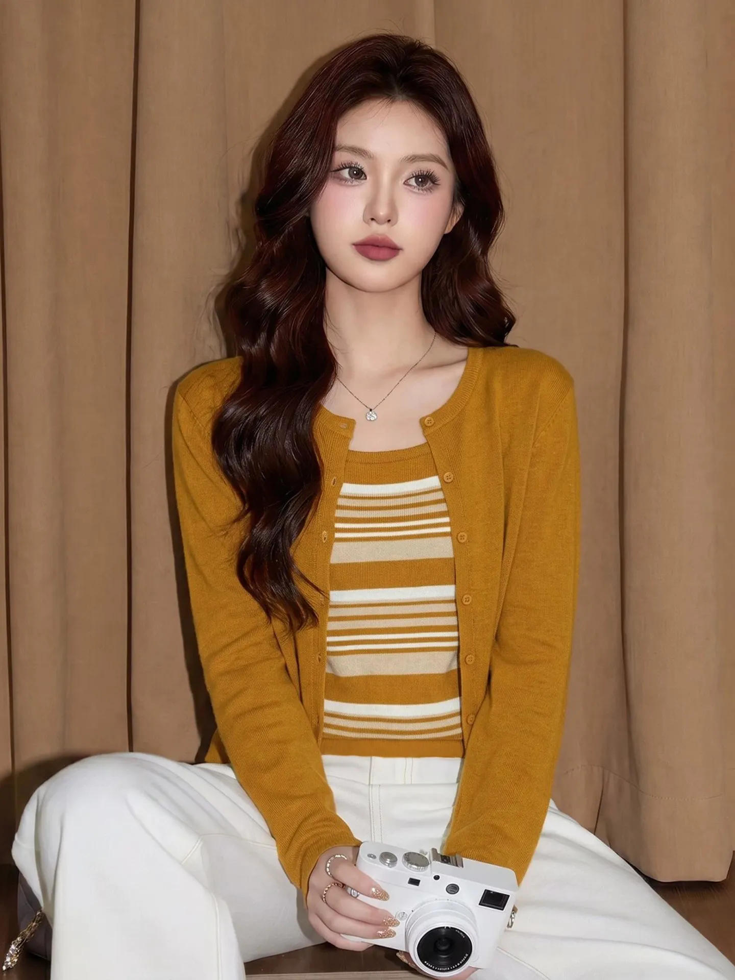 Pumpkin Orange Striped Knitted Open Cardigan Women's Autumn Outerwear Beautiful Unique Large Lang Strap Top Two-Piece Set