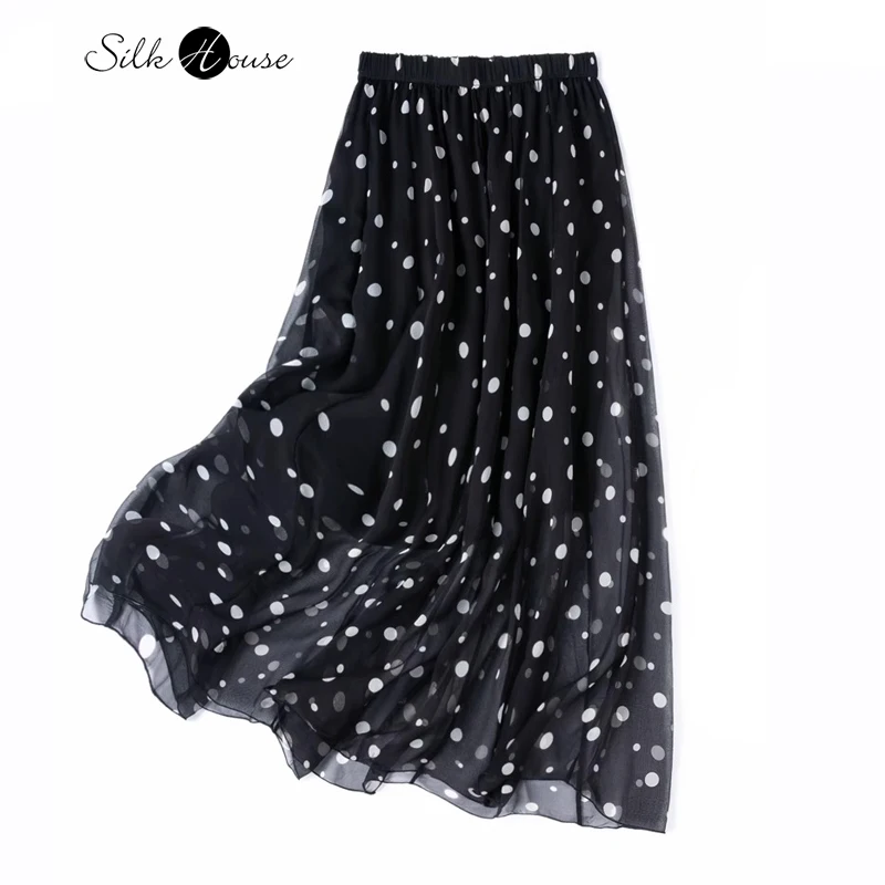 

Versatile White Polka Dot Romantic Elegant Elastic Waist 100% Natural Mulberry Silk Double-layer Large Swing Women's Beach Skirt