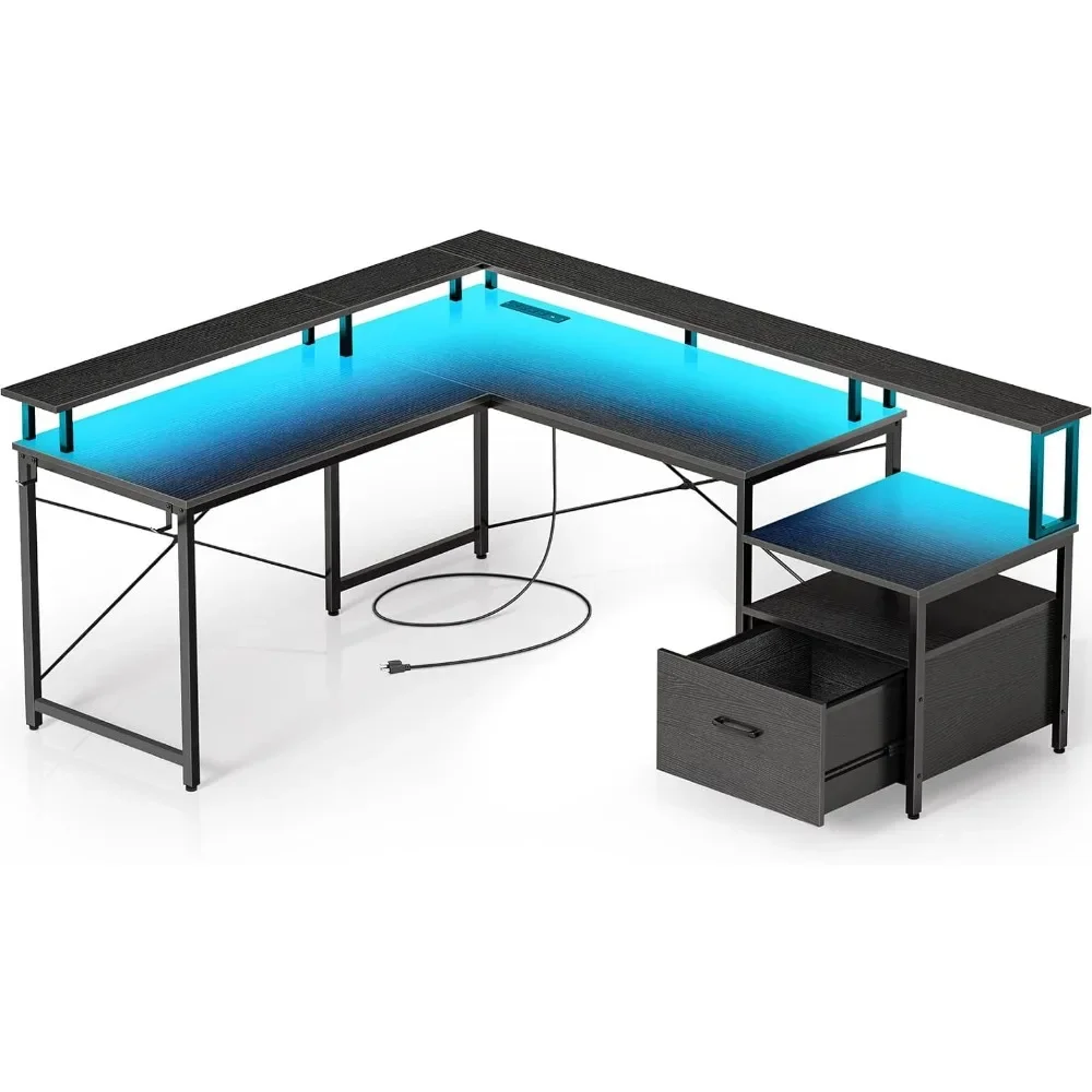 

Computer Desks with File Drawer,68" L Shaped Computer Corner with Power Outlet LED Strip,Home Office Desk Monitor Shelf,Black