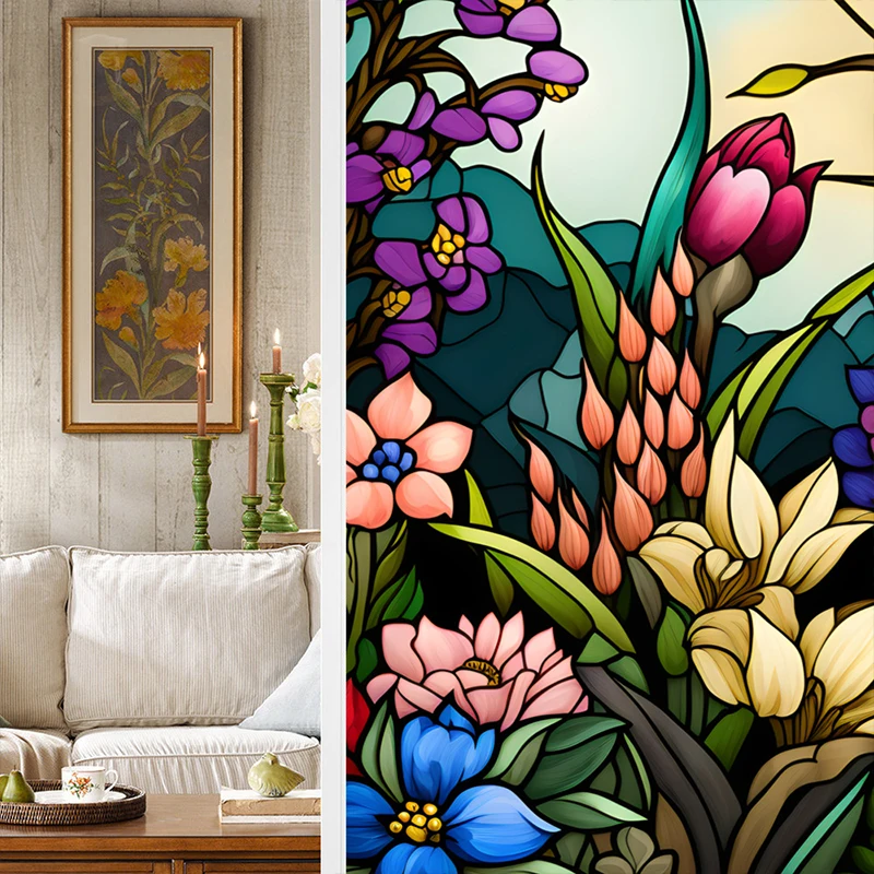 Kleurrijke Retro Bloem Vogel Glasfolie PVC Elektrostatische Glasstickers Gebrandschilderde Glasfolie Statische Cling Frosted Glass Film