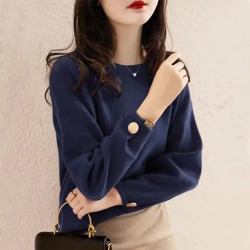 Women Autumn Winter Elegant Loose Fashion Solid Color O-neck Long Sleeve Knitwear Ladies All-match Knitting Bottoming Shirt Tops