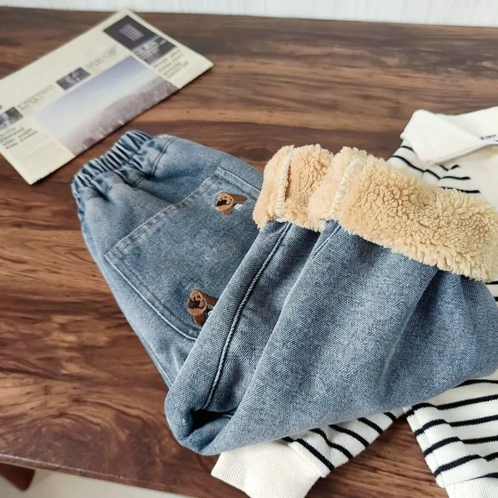 Boys Girls Winter Warm Jeans Lamb Fleece Lined Trousers Kids Casual Thick Denim Pants Soft Comfortable Clothing Wear