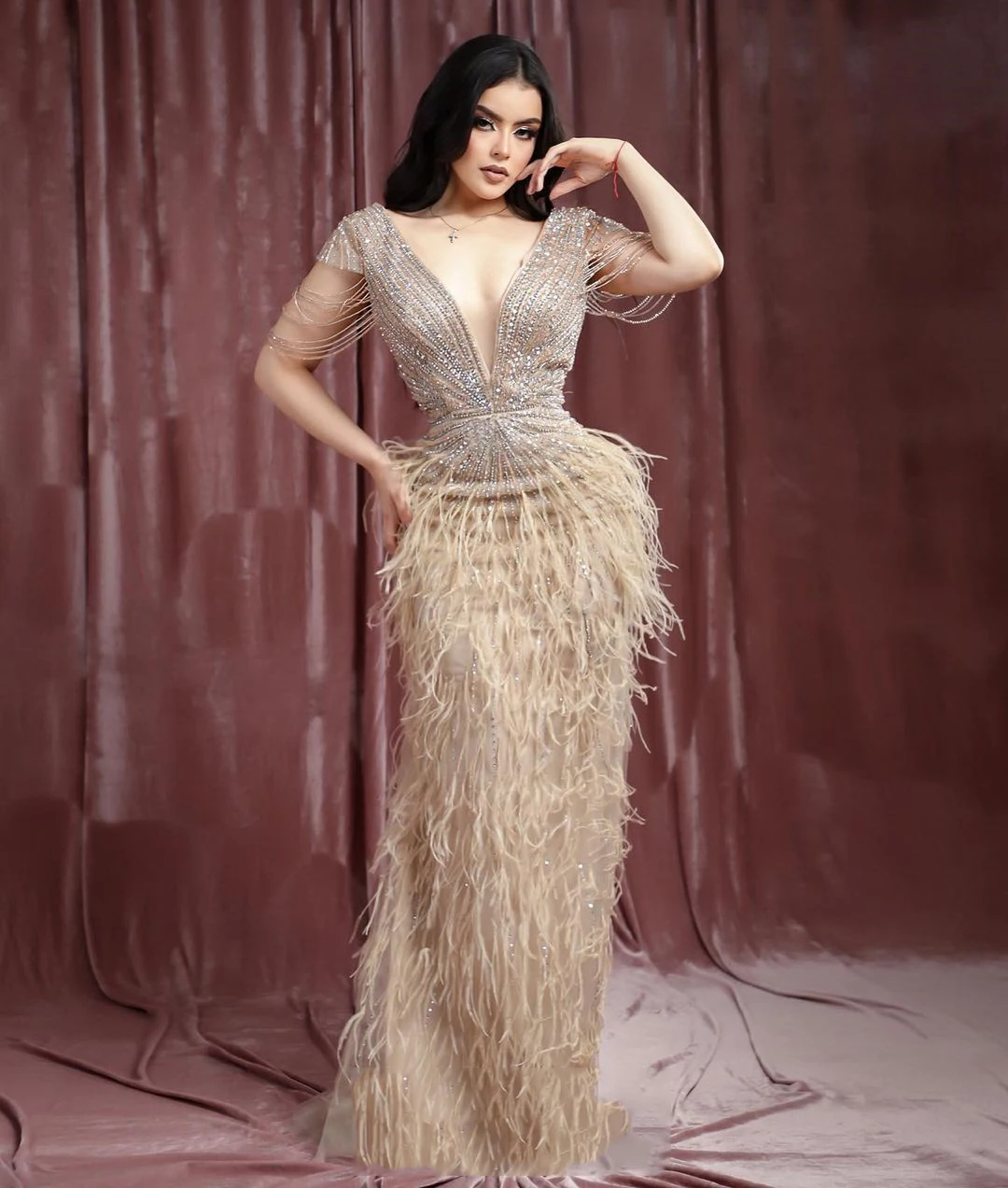 FATAPAESE Prom Dress Cap Sleeves with Beading Sparking Stones Bodice Swag Tassels and Plunging V Neck Feather Skirt Formal Gown