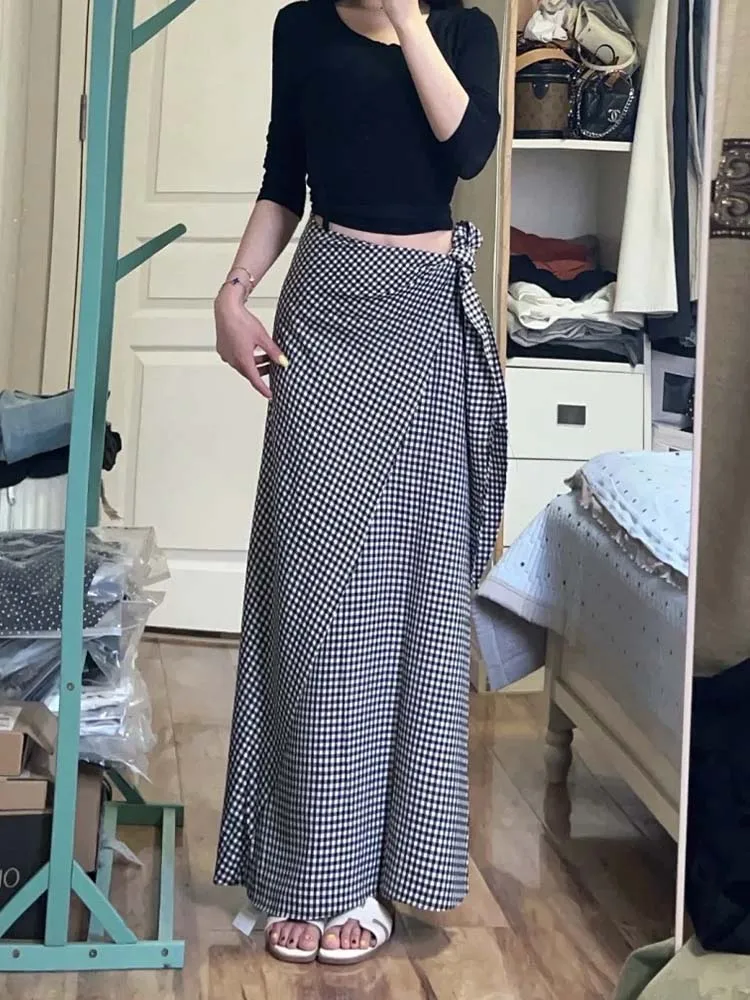 

75 Extended Version Plaid A-Line Skirt Women's Summer New Sle High Waist Belted f-length Skirt Korean Sle Commute