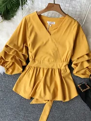 Women's Spring Summer Shirt Top New Fashion Shirt V-neck Three Quarter Bow Lacing Waist Pleated Top Shirt Blouse ML831