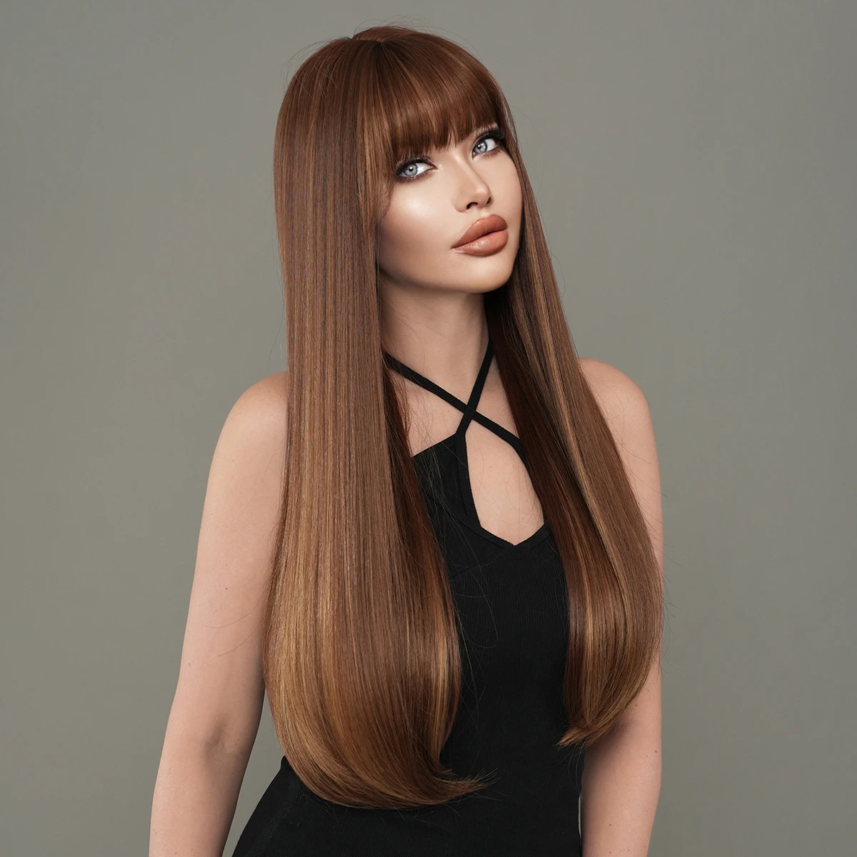 7JHH WIGS Long Straight Light Brwon Wigs with Neat Bangs High Density Synthetic Heat Resistant Hair Wig for Women Daily Party