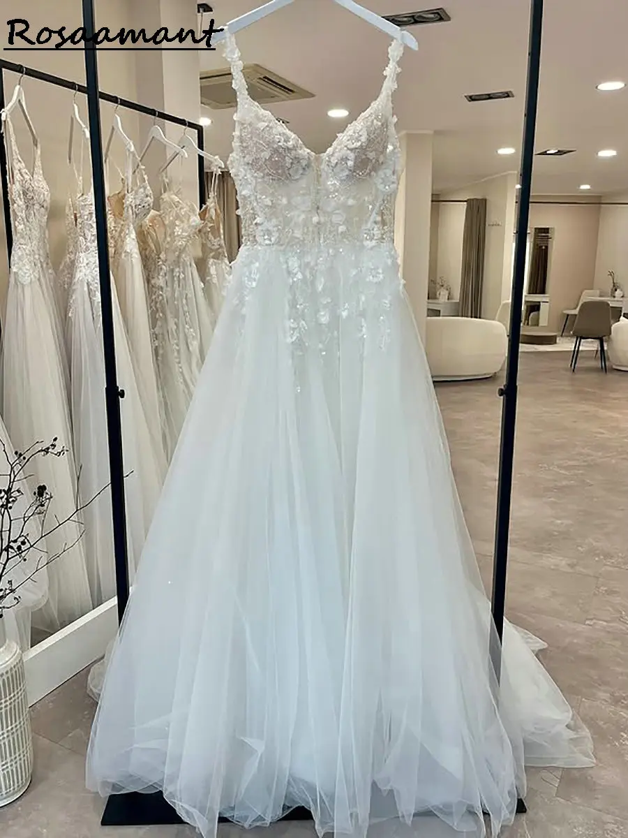 

Newest Illusion 3D Floral Lace A-Line Wedding Dresses Spaghetti Straps Sleeveless Country Bridal Gowns
