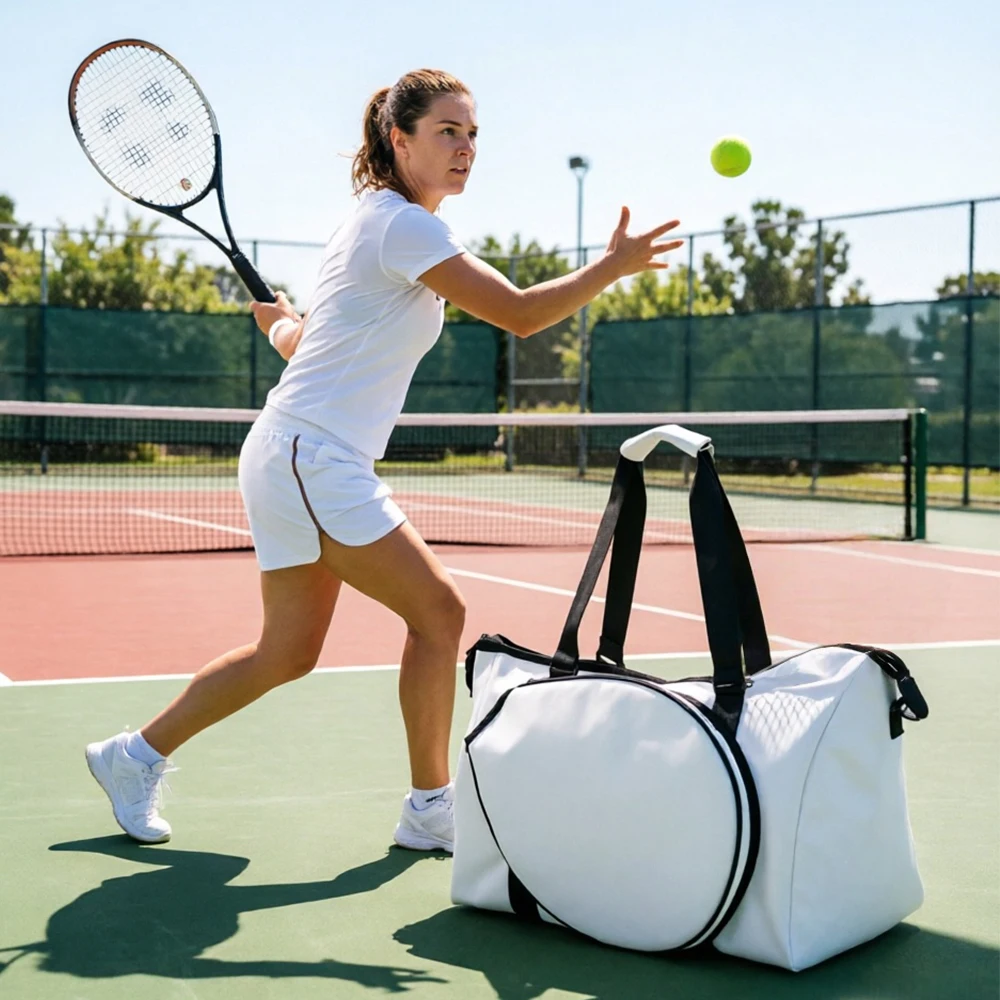 Tennis Travel Weekend Bag Women Exterior Drawstring Racket Pocket Separate Shoe Compartment Wet Pocket Laptop Pocket