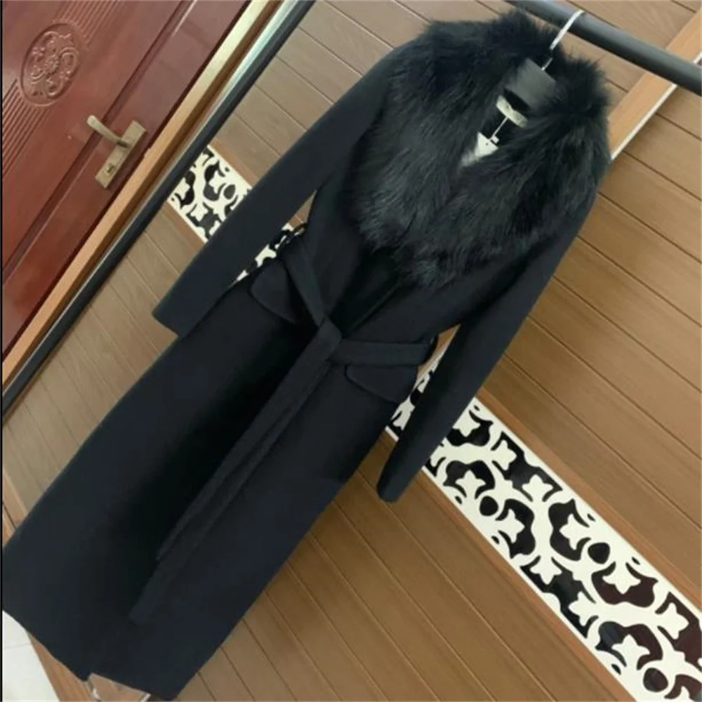 

Women woolen coat new autumn winter woolen black long quilted thickened ankle suit collar belt fur coat jacket