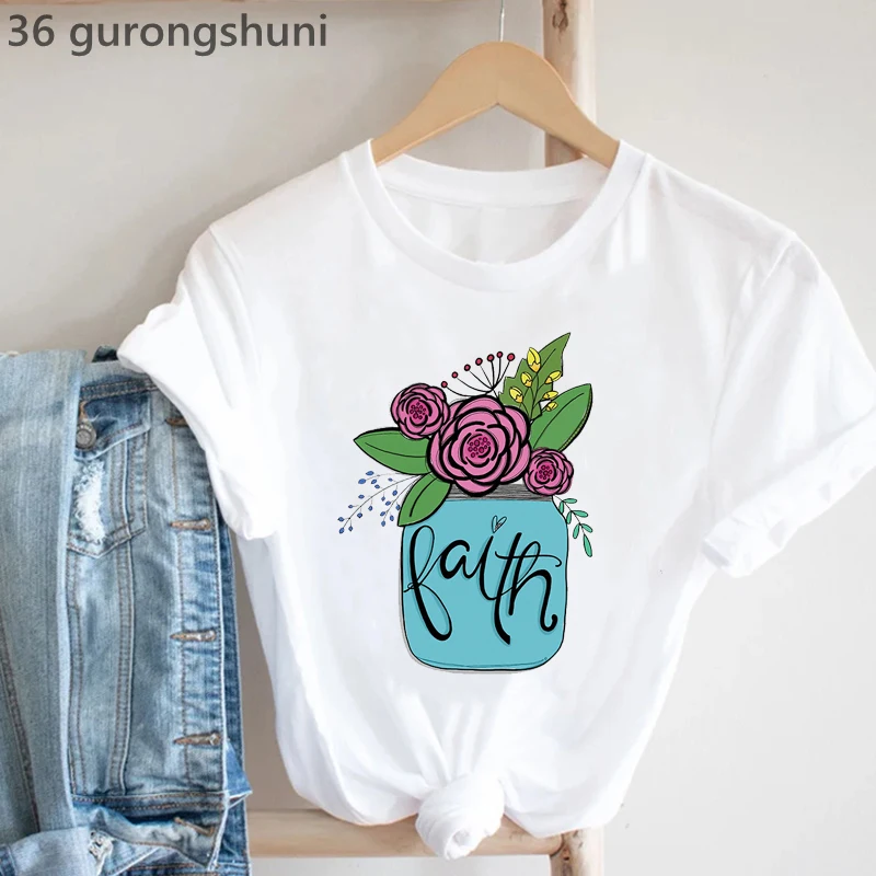 Camiseta con estampado de flores de fe para mujer, camiseta informal blanca para mujer, camiseta de manga corta para mujer, camiseta Harajuku para mujer 2022