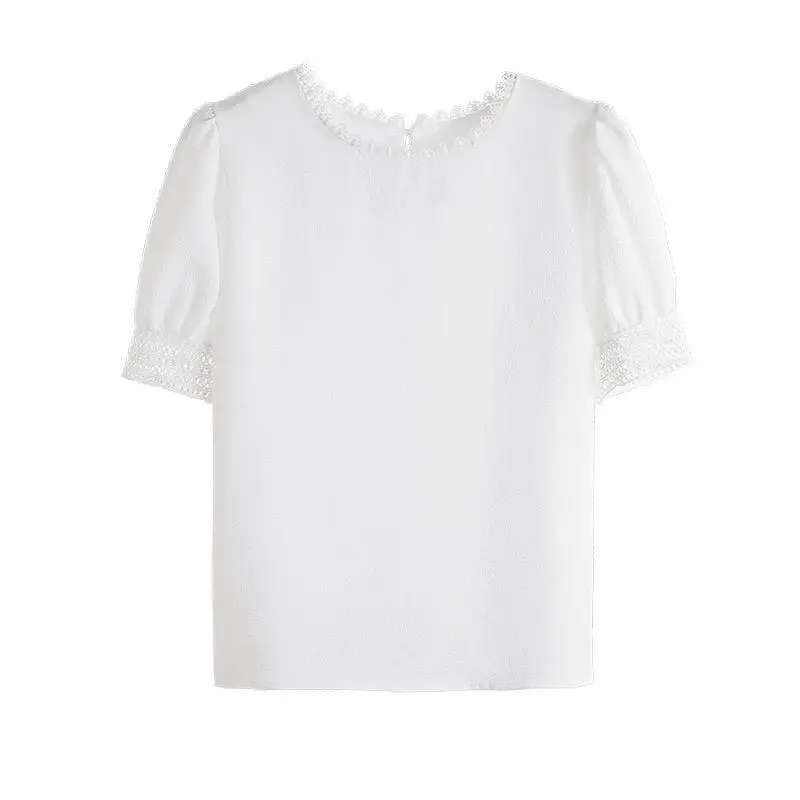 Été nouveau Chic femmes bulle Sve haut dentelle évider plié blanc irt doux Sle V Ne t-shirt fibre d'acétate 00%