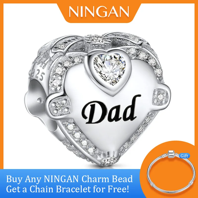 

NINGAN Charms for Bracelet DAD Gift Heart Beads 925 Sterling Silver Fine Jewelry Fashion Zircon Charm Father's Day Present