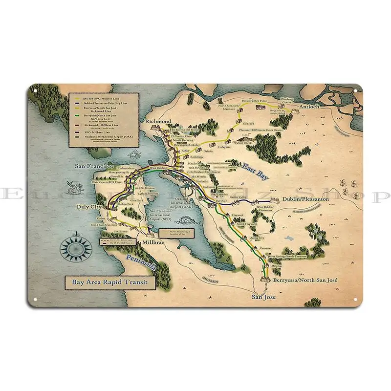 Bart System Map In Fantasy Style Metal Sign Decoration Plaques Designing Print Classic Tin Sign Poster