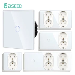 BSEED 1/2/3Gang Touch Light Switch With Power Socket 1Way Double EU Wall Sockets Dual Plug 16A Glass Panel Blue Backlight White